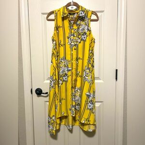 Women's Yellow/Black/White Sleeveless Dress | Bold Flowers & Stripes | Size: Med